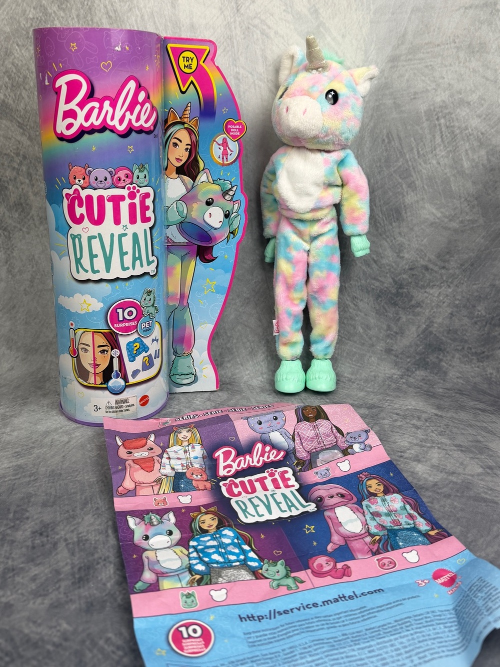 Barbie Cutie Reveal Doll w/Unicorn Plush Costume Mini Pet No top lid! Preowned